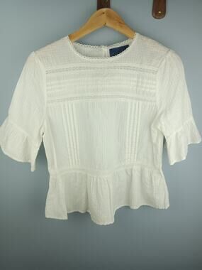 Blue Rain White Textured Cotton Peplum Blouse with Crochet Lace Trim
